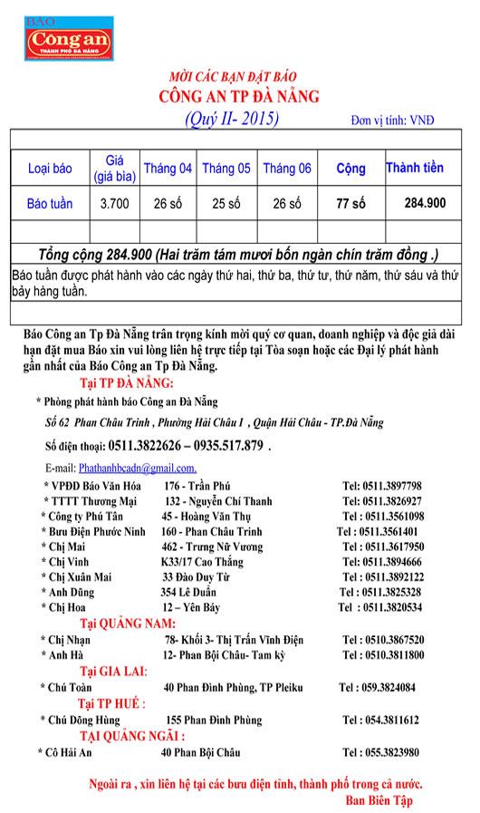 Mời các bạn đặt báo Công an TP Đà Nẵng 6 tháng cuối năm 2015